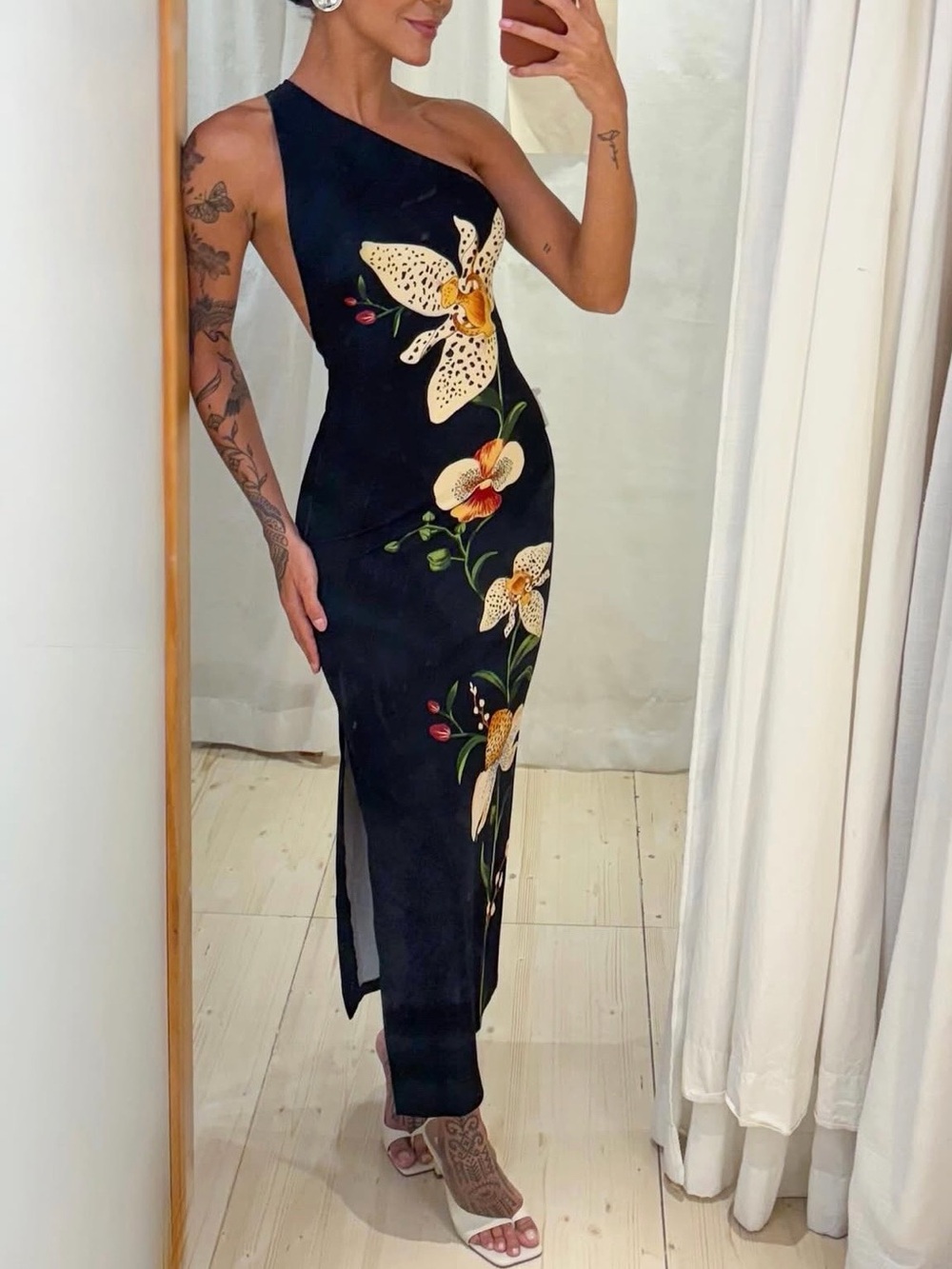 FARM Rio Black One-Shoulder Floral Midi Dress Size M